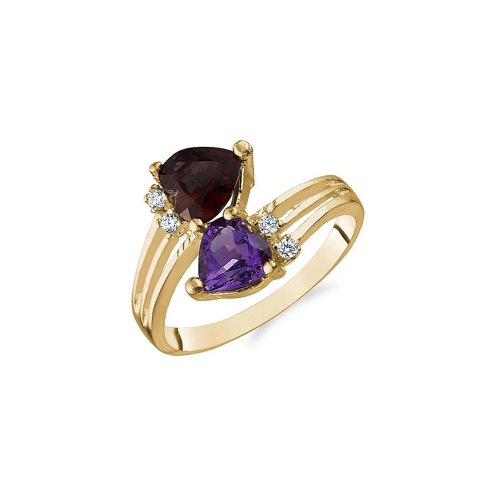 10K Yellow Gold, Amethyst & Garnet Hearts Ring