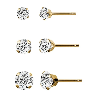 3-Pair 10K Yellow Gold & Cubic Zirconia Stud Earring Set