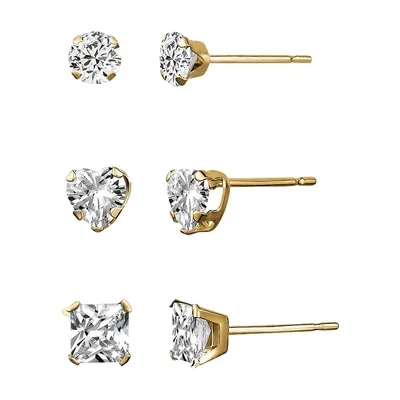 3-Pair 10K Yellow Gold & Cubic Zirconia Stud Earring Set