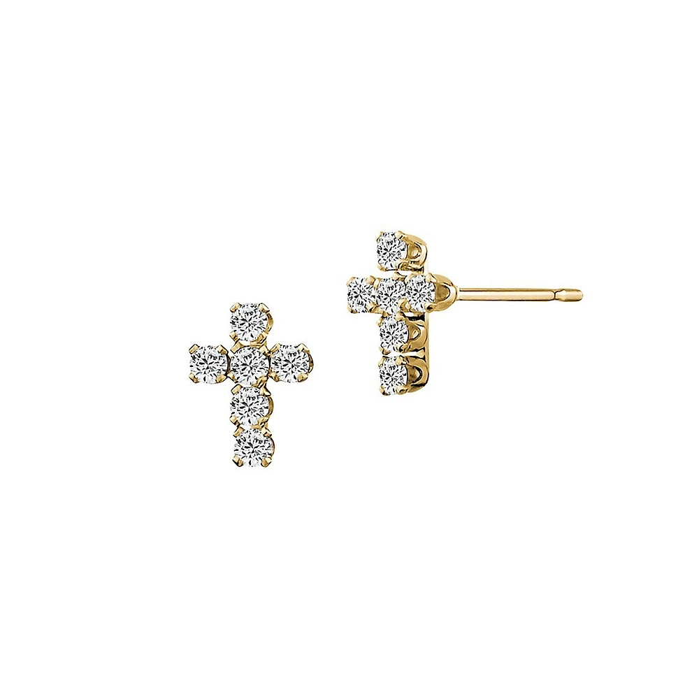 10K Yellow Gold & Cubic Zirconia Small Cross Stud Earrings