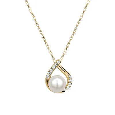 10K Yellow Gold, 4MM Freshwater Pearl & Cubic Zirconia Pendant Necklace