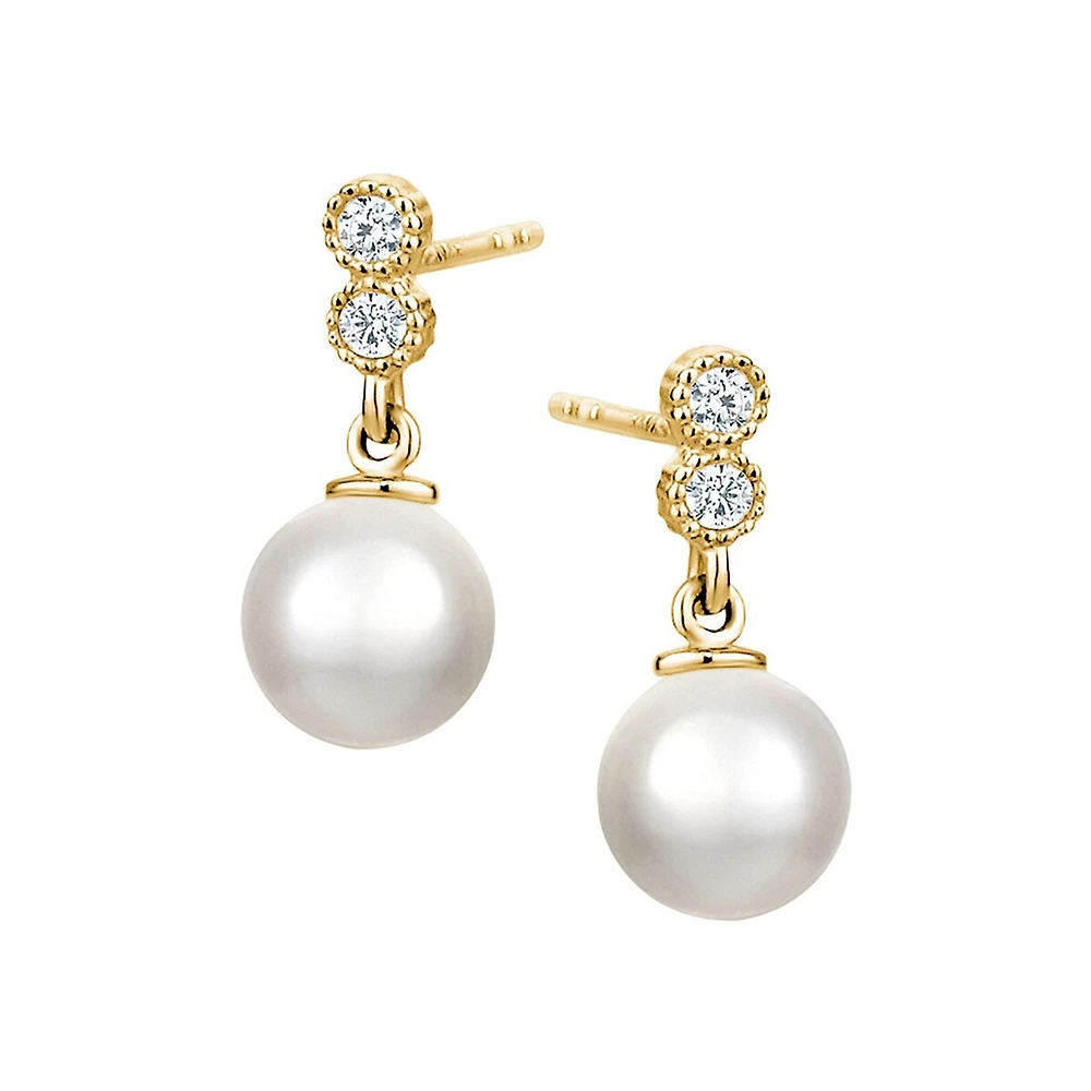 10K Yellow Gold, 5MM Freshwater Pearl & Cubic Zirconia Drop Earrings