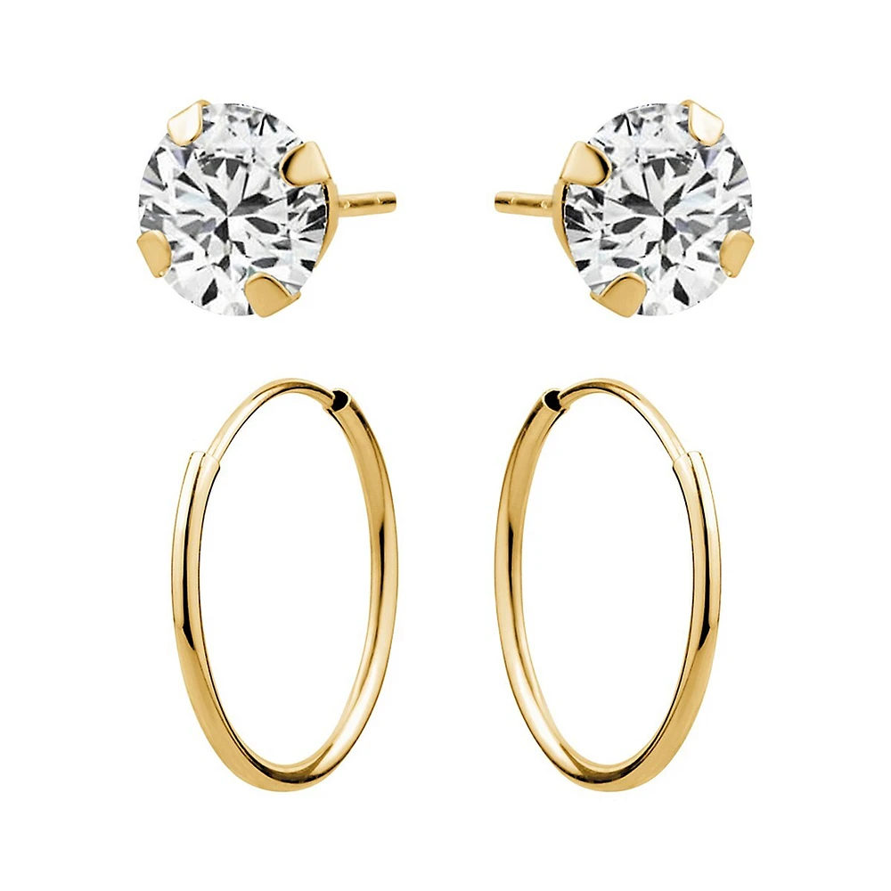 10K Yellow Gold & Cubic Zirconia Stud & Hoop Earring 2-Pair Set