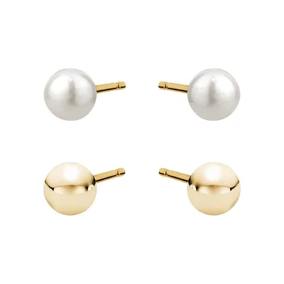 10K Yellow Gold, 4MM Freshwater Pearl & Cubic Zirconia Stud Earring 2-Pair Set