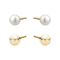 10K Yellow Gold, 4MM Freshwater Pearl & Cubic Zirconia Stud Earring 2-Pair Set