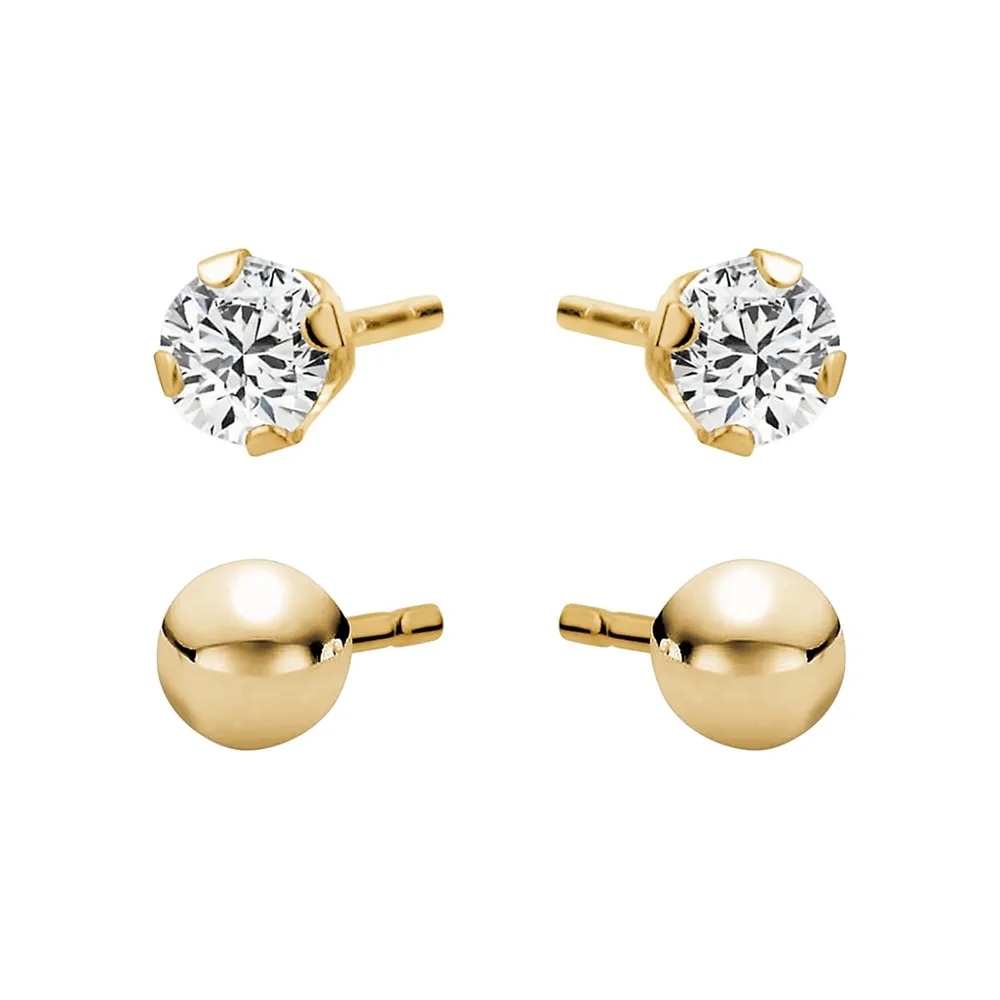 10K Yellow Gold & Cubic Zirconia Stud Earring 2-Pair Set
