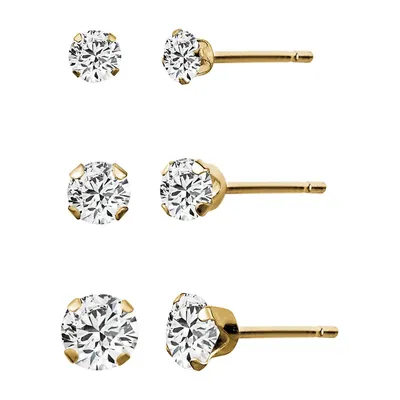 3-Pair 10K Yellow Gold and Cubic Zirconia Stud Earring Set