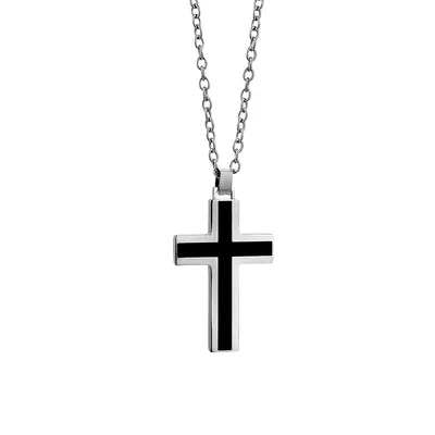 Stingray Stainless Steel Black & Silver Cross Pendant Curb Chain