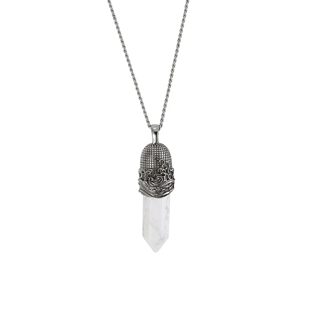 Stainless Steel & White-Capped Stone Pendant Curb Chain Necklace