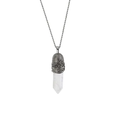 Stainless Steel & White-Capped Stone Pendant Curb Chain Necklace