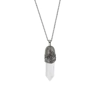 Stainless Steel & White-Capped Stone Pendant Curb Chain Necklace
