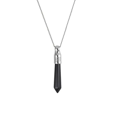 Stainless Steel & Black-Capped Stone Pendant Curb Chain Necklace