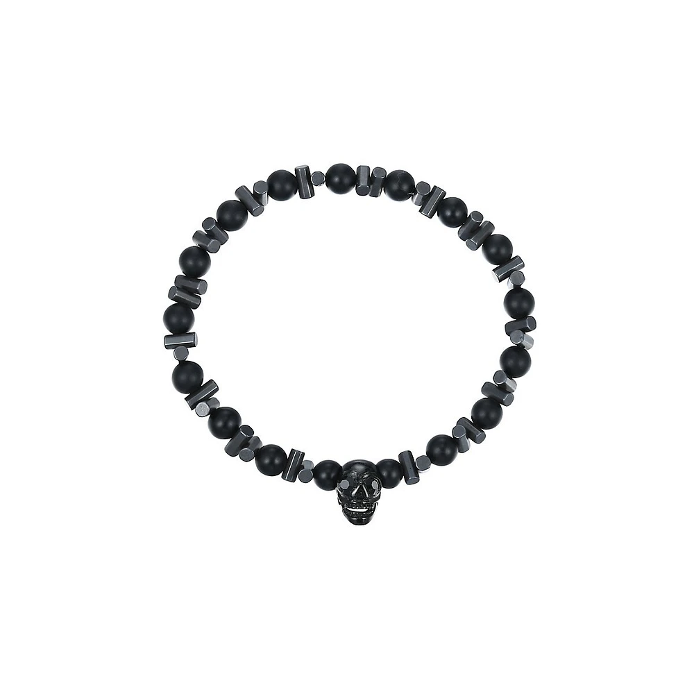 Men's Stainless Steel & Black Bead Skull Bracelet