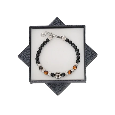 Men's Stainless Steel Cross & Tiger Eye Bead Stretch Bracelet