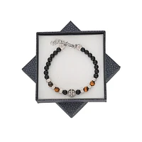 Men's Stainless Steel Cross & Tiger Eye Bead Stretch Bracelet