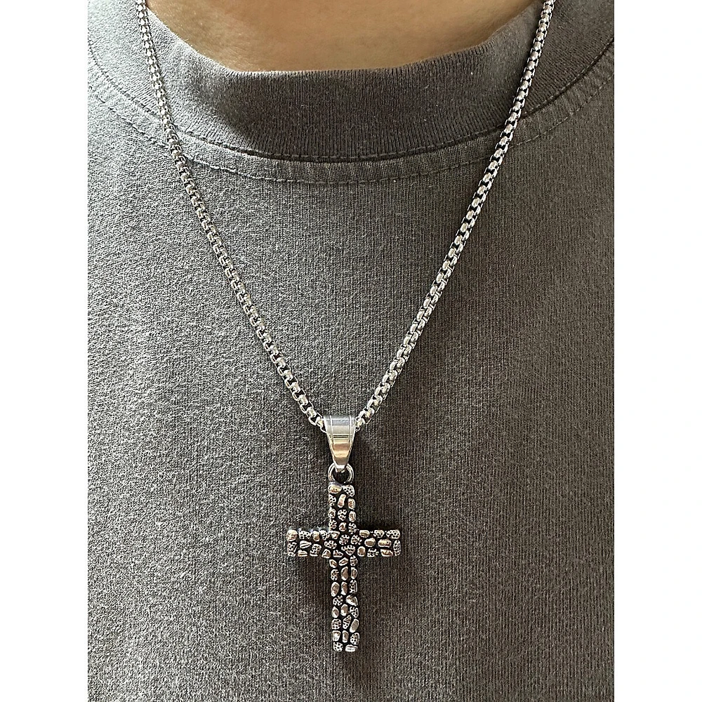 Men's Two-Tone Stainless Steel Textured-Cross Pendant Necklace