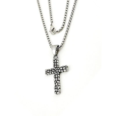 Men's Two-Tone Stainless Steel Textured-Cross Pendant Necklace