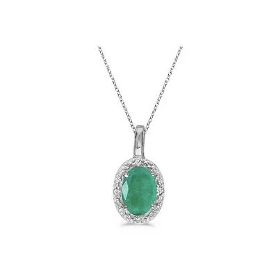 Oval Emerald And Diamond Pendant Necklace 14k White Gold (0.45ctw)