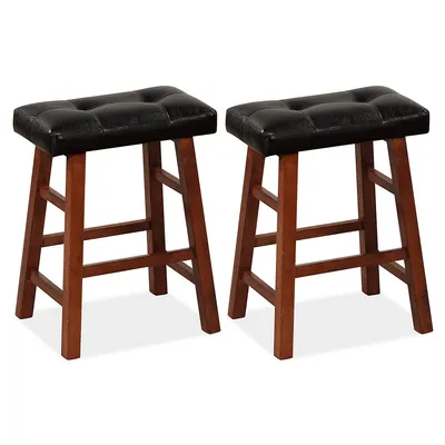 Set Of 2 Upholstered Barstools 24"/29" Backless Rubberwood Dining Chairs Black&brown