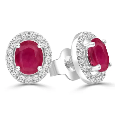 1.34 Ct Oval Red Ruby Halo Earrings 14k White Gold