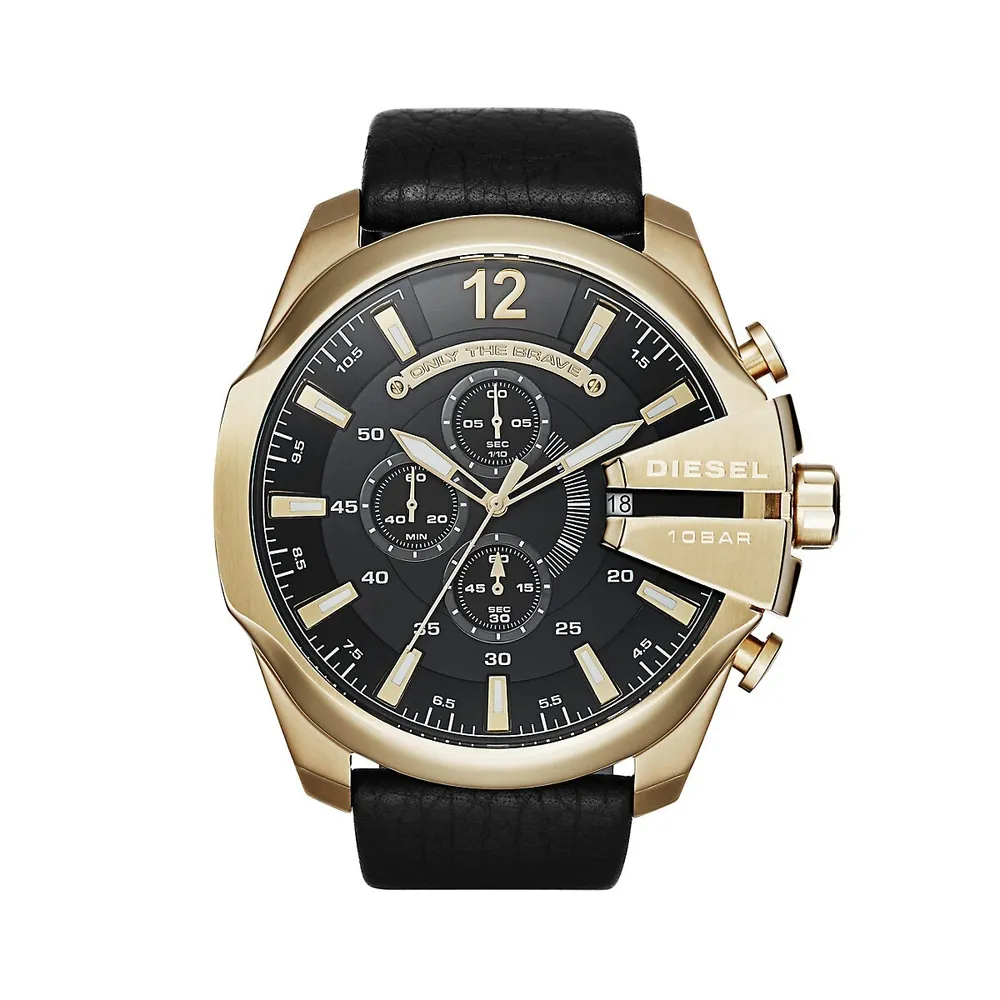 Mega Chief Goldplated Case & Black Leather Strap Chronograph Watch DZ4344