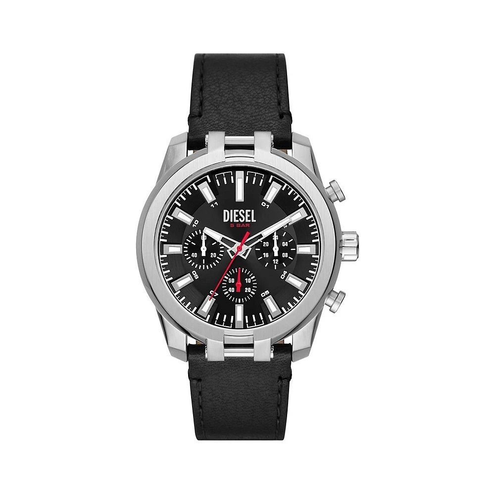 Split Stainless Steel & Black Leather Chronograph Strap Watch DZ4622