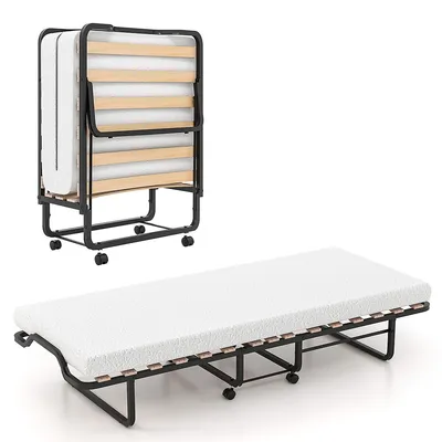 Portable Foldable Guest Bed W/ Solid Wood Slats & Metal Frame Rollaway Bed For Adults W/ Wheel