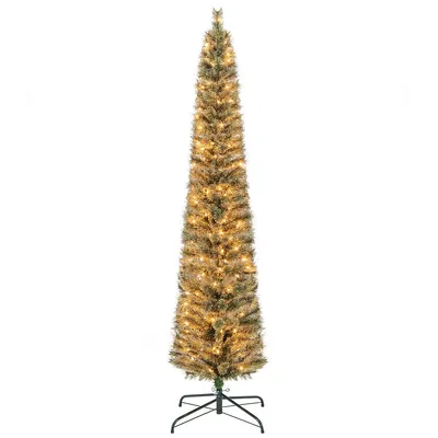 Pre-lit Pencil Christmas Tree Xmas Decoration With Pine Needles & Lights