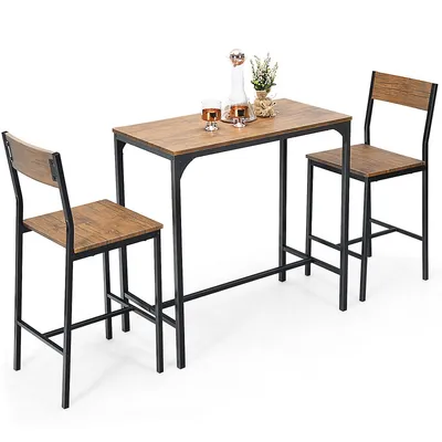 3pcs Bar Table Set Industrial Counter Height Dining Table Set W/2 Stools