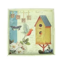Set Of 3 Yellow And White Birdhouse In Garden Square Serving Trays 16"