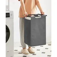 Laundry Hamper Sorter With 2 Bags, Metal Frame And Rustic Brown/black Shelf And Grey Bins