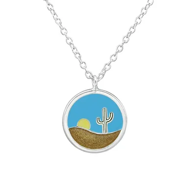 Sterling Silver Blue Desert Cactus Circular Pendant Necklace