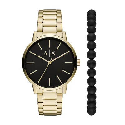 Men's Three-hand, Gold-tone Stainless Steel Watch And Bracelet Gift Set
