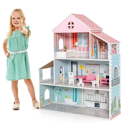 Wooden Dollhouse For Kids 3-tier Toddler Doll House W/furniture Gift For Age 3+