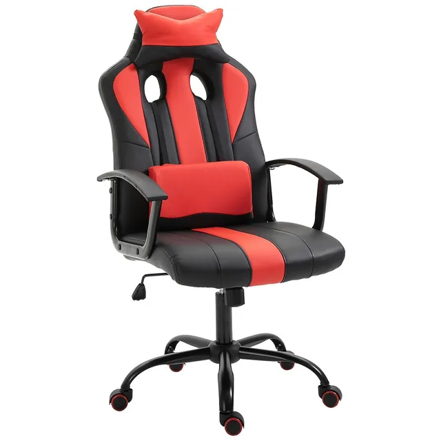 Armen Living Aspect Adjustable Racing Gaming Chair in Black Faux Leather and Red Mesh with Lumbar Support Pillow