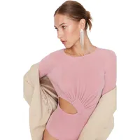 Woman Unifarben Cut-out Detailed Middle Woven Bodysuit