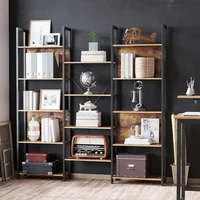 5 Tier Large Bookshelf, Triple Wide Bookcase With 14 Storage Shelve In An Industrial Rustic Brown Style