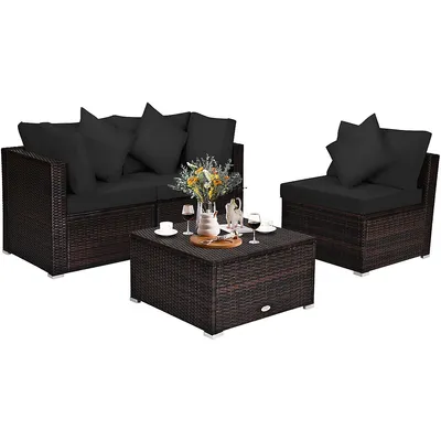 4pcs Patio Rattan Wicker Furniture Set Cushioned Sofa Ottoman Garden