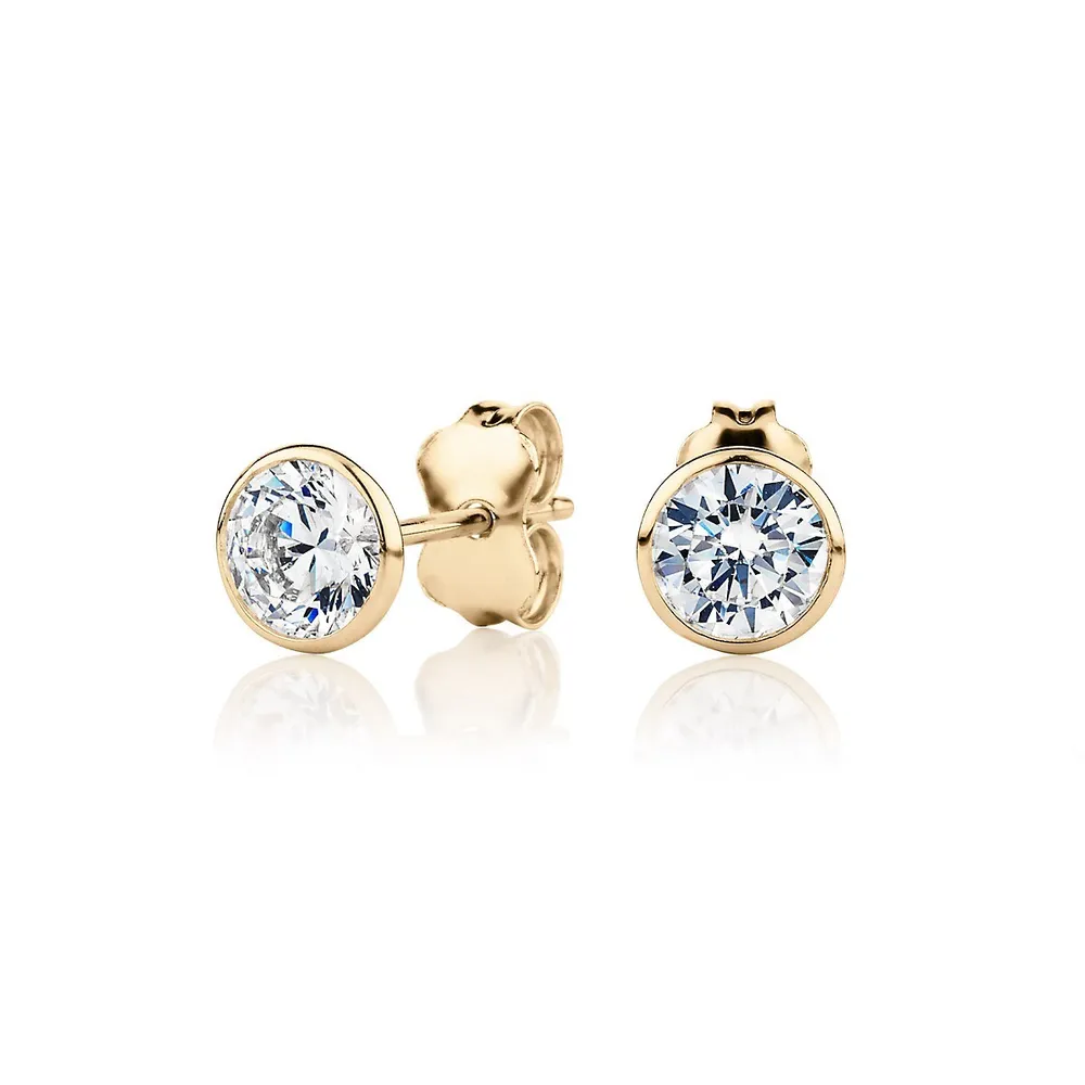 Round Brilliant Stud Earrings With Signature Simulant Diamonds In 10 Karat Gold