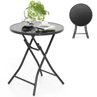 23" Round Folding Table Outdoor Patio Bistro Table With Tempered Glass Tabletop