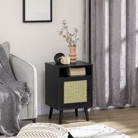 Nightstand, Bedside Table With Rattan Shelf And Cupboard
