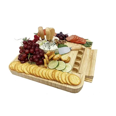 Large Bamboo Cheese Board With Sliding Drawer And 4 Knives