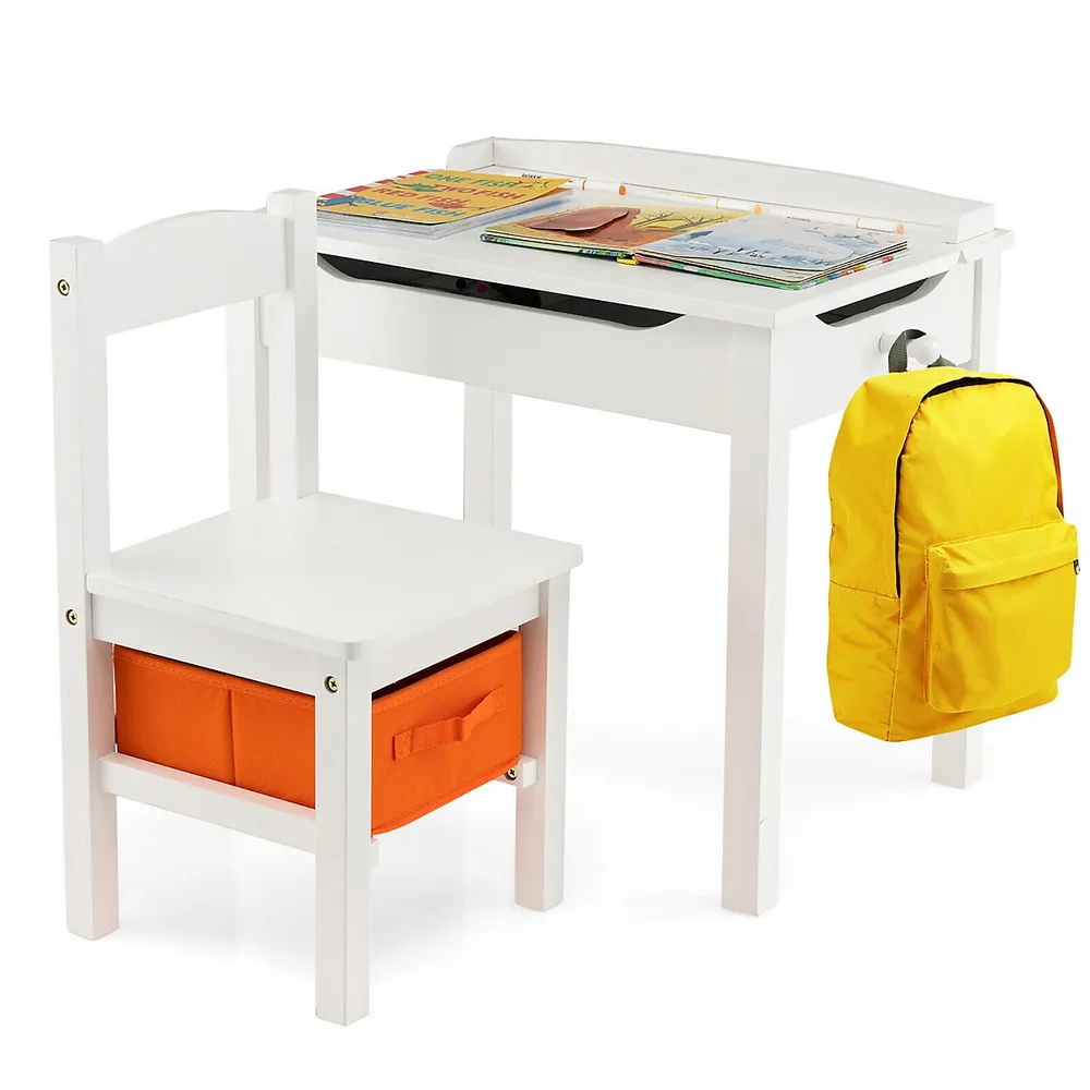 Costway Kids Table & Chair Set Wooden Activity Art Study Desk w/Storage  Space White