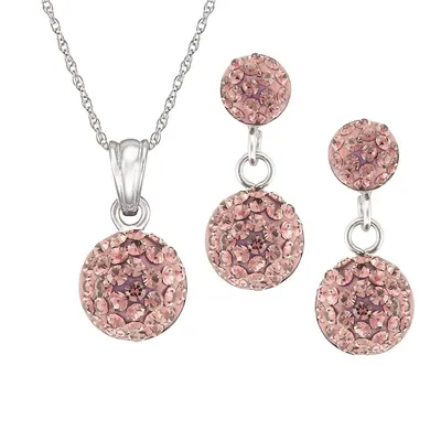 Sterling Silver 18" Cz With Center Rose Red Glass Drop Pendant & Earring Set