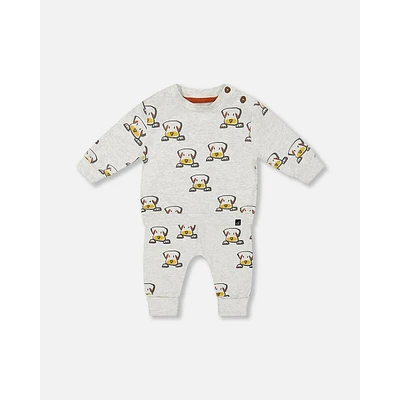 Organic Cotton Top And Evolutive Pant Set Heather Beige With Printed Dog