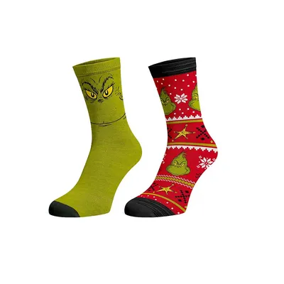 The Grinch Christmas Themed Big Face 2 Pack Crew Socks