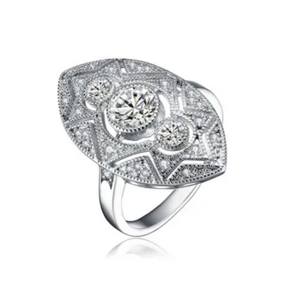Sterling Silver White Gold Plating With Clear Round Cubic Zirconia Filigree Ring