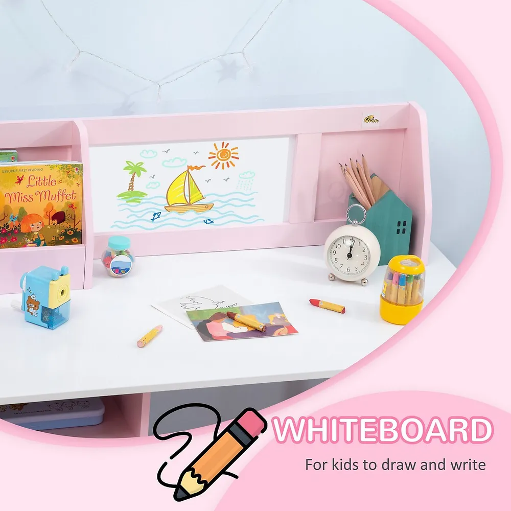 2 Pcs Kids Table And Chair Set With Whiteboard Storage, Pink