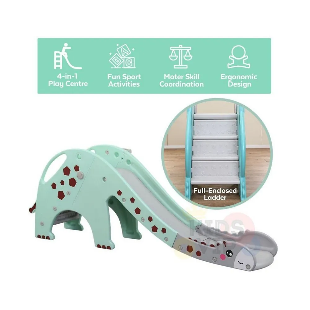 Indoor/outdoor Slide With Full Steps And Basketball Hoop Giraffe Edition