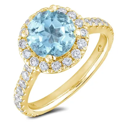 10k Yellow Gold 1.78 Ct Aquamarine Gemstone & 0.86 Cttw Diamond Halo Ring